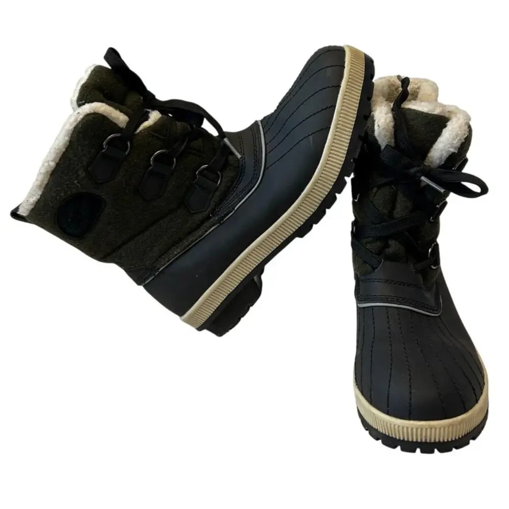 Khombu Women's Telluride Duck Boots Faux Fur Sz 7.5M Black/Green Leather Rain